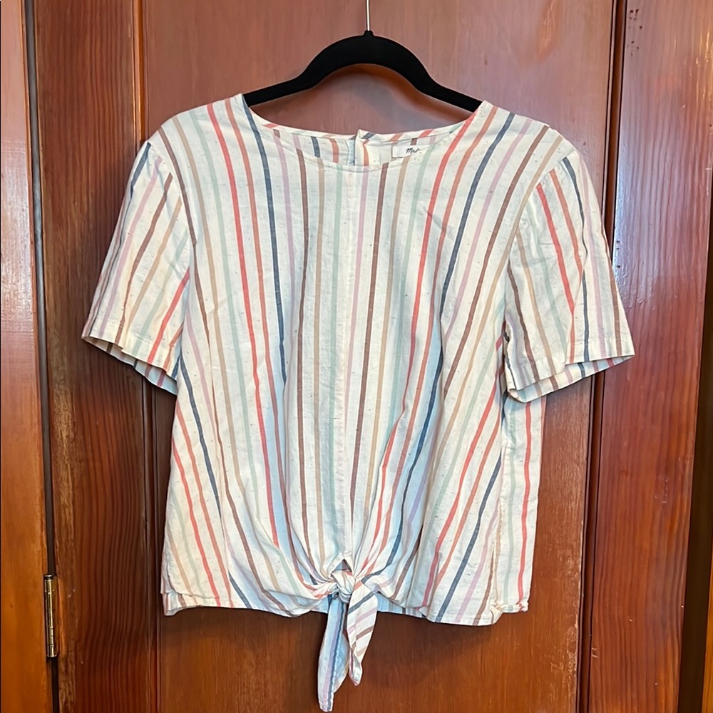 Madewell Blue and Pink Short Sleeve Tie Front Blouse